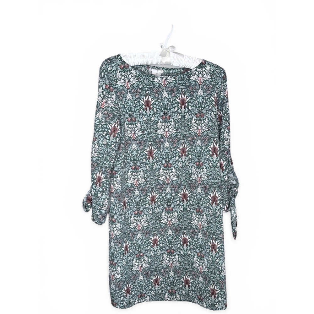 Morris & Co x H&M Green Botanical Floral Tie‎ Sleeve Shift Dress Womens Size 4